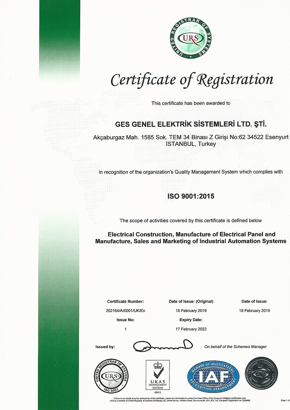 ISO 9001 Kalite Yönetim Sertifikası