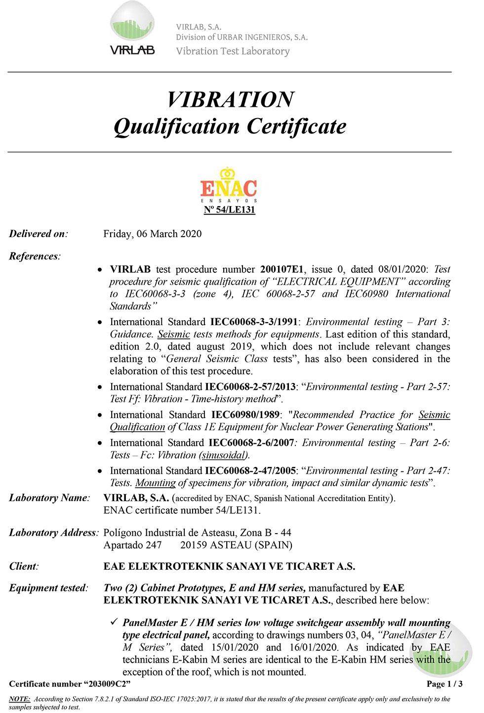 PanelMaster EE Seismic Qualification Certificate