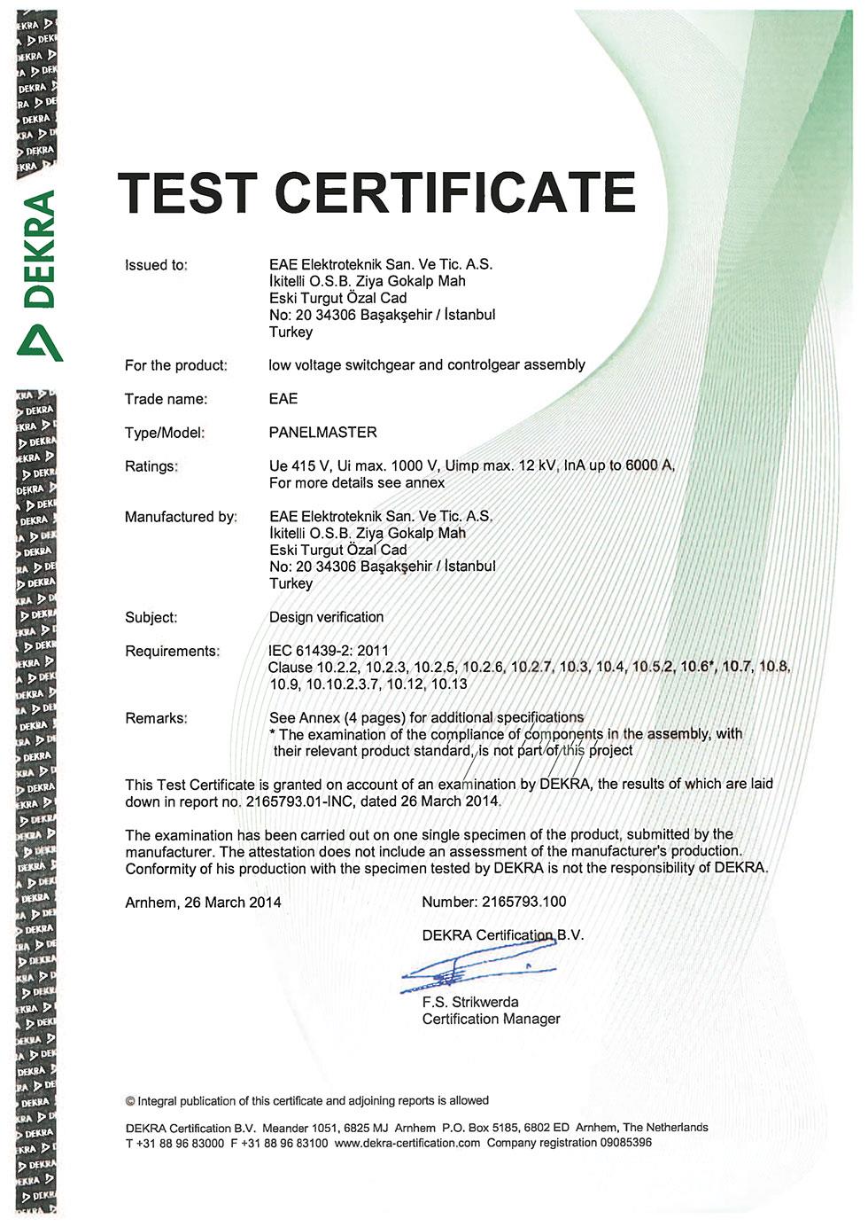 PanelMaster IEC 61439 Type Test Certificate (Eaton GE)