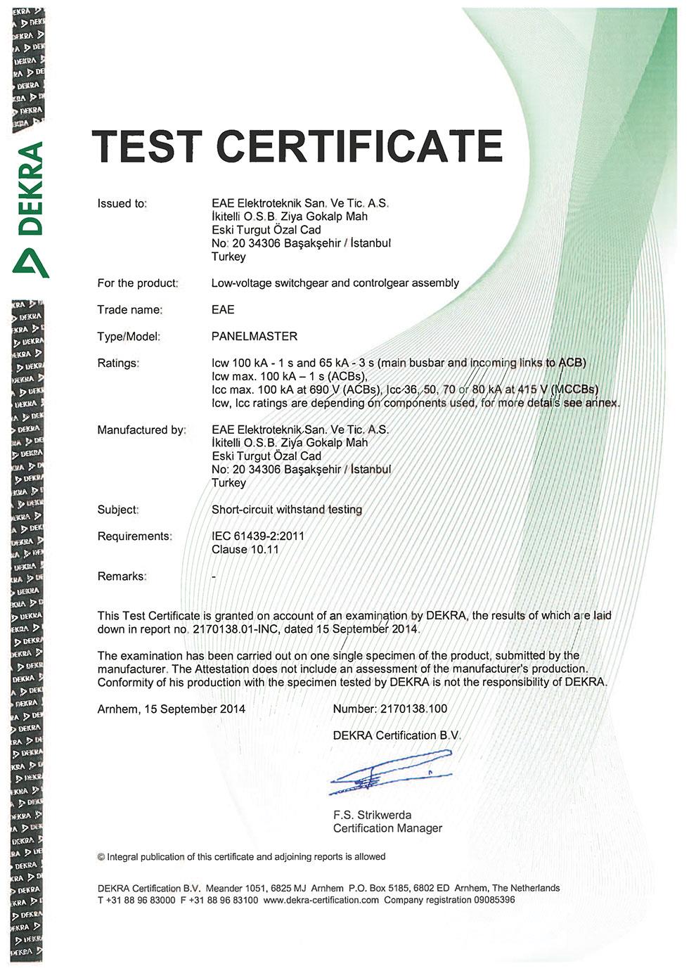 PanelMaster IEC 61439 Type Test Certificate (Schneider - GE - Eaton)