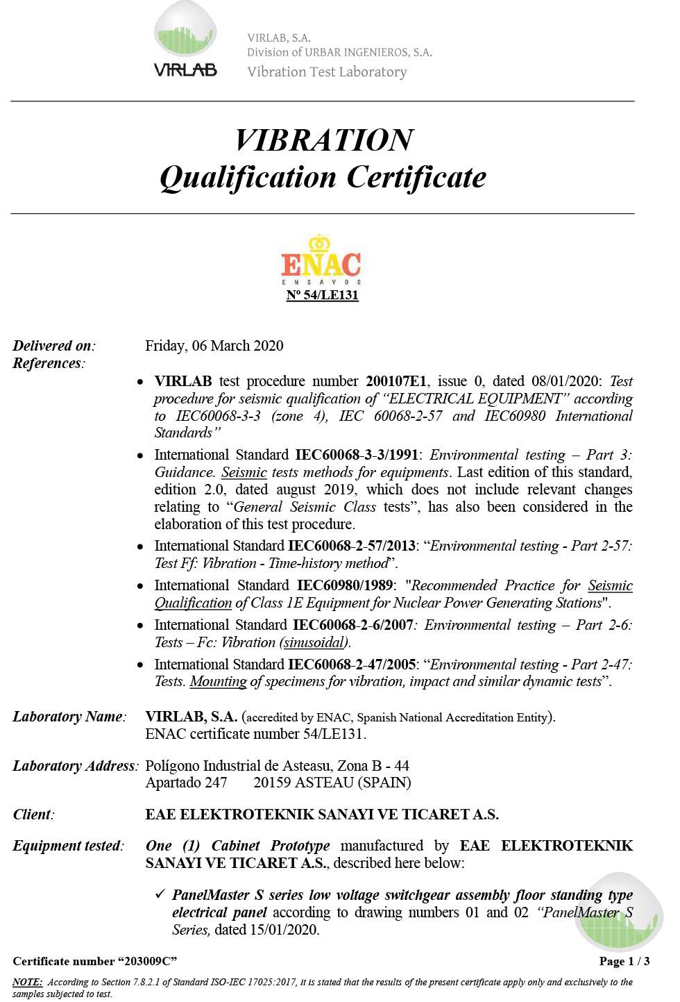 PanelMaster Seismic Qualification Certificate
